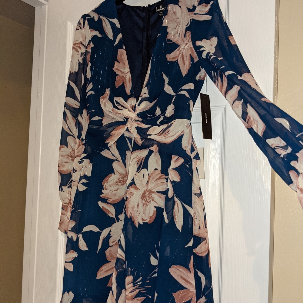 Lulu's Lively Teal Blue Floral Print Long Sleeve Knot Front Dress